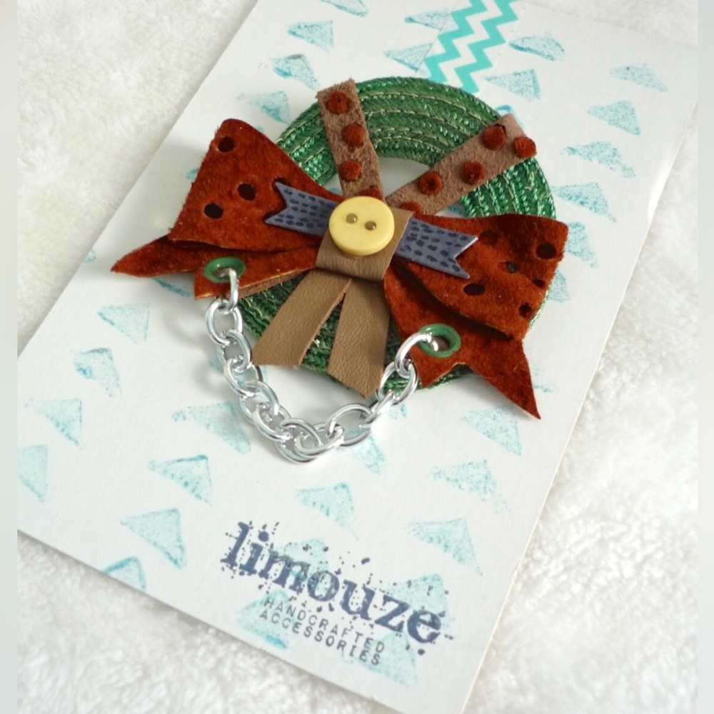 Leather Bow + Woven Abstract Moth - Wreath Brooch - Eyelet and Chain
